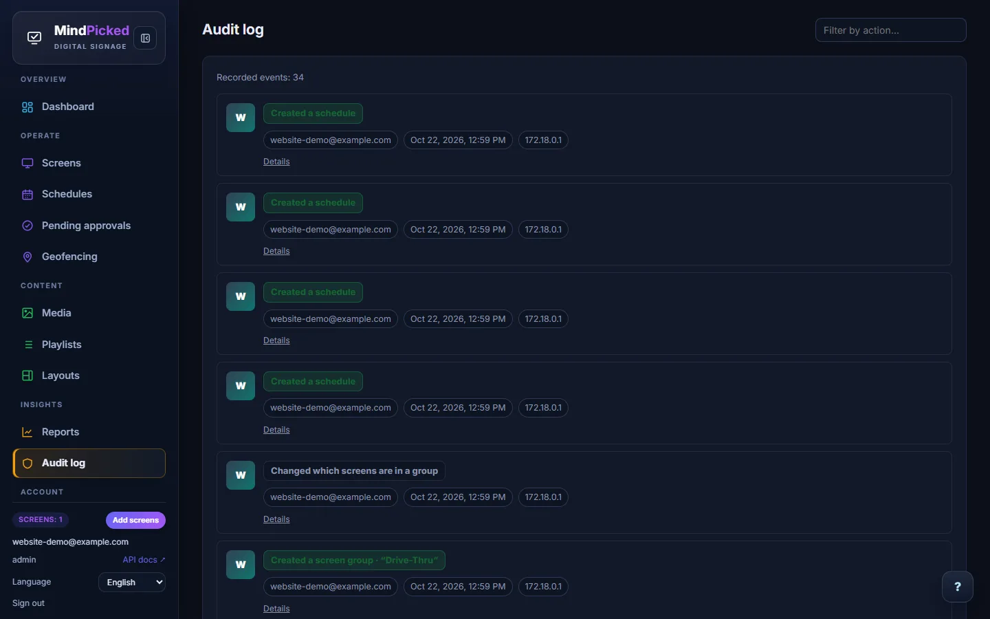 Audit log entries such as Created a schedule and Created a screen group, with user, time and IP address