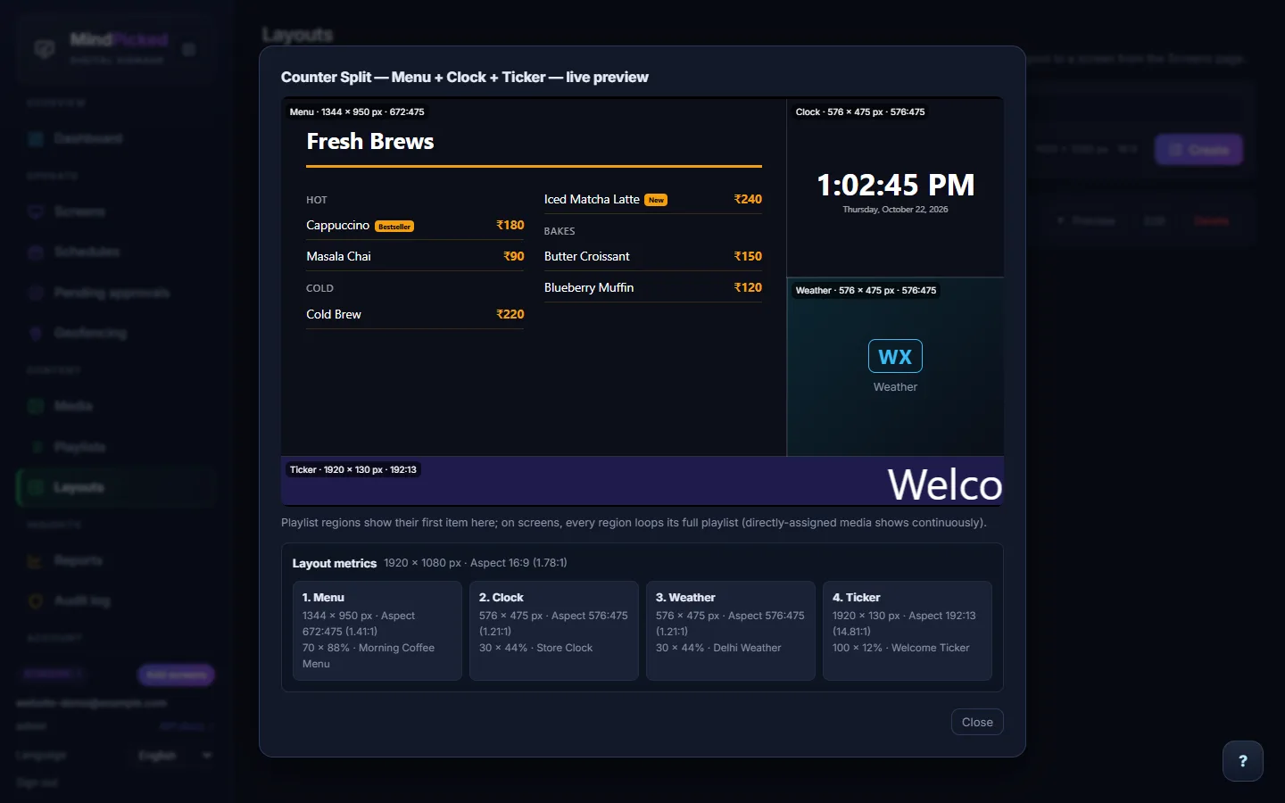 Live preview of a four-region layout: Fresh Brews menu board, digital clock, weather and a welcome ticker