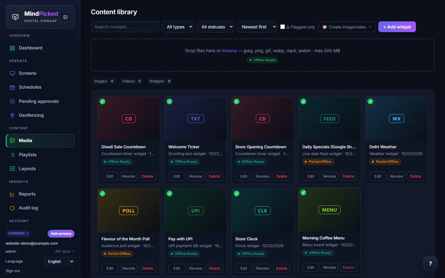 Content library with countdown, ticker, data feed, weather, poll, UPI, clock and menu board widgets, each marked offline ready