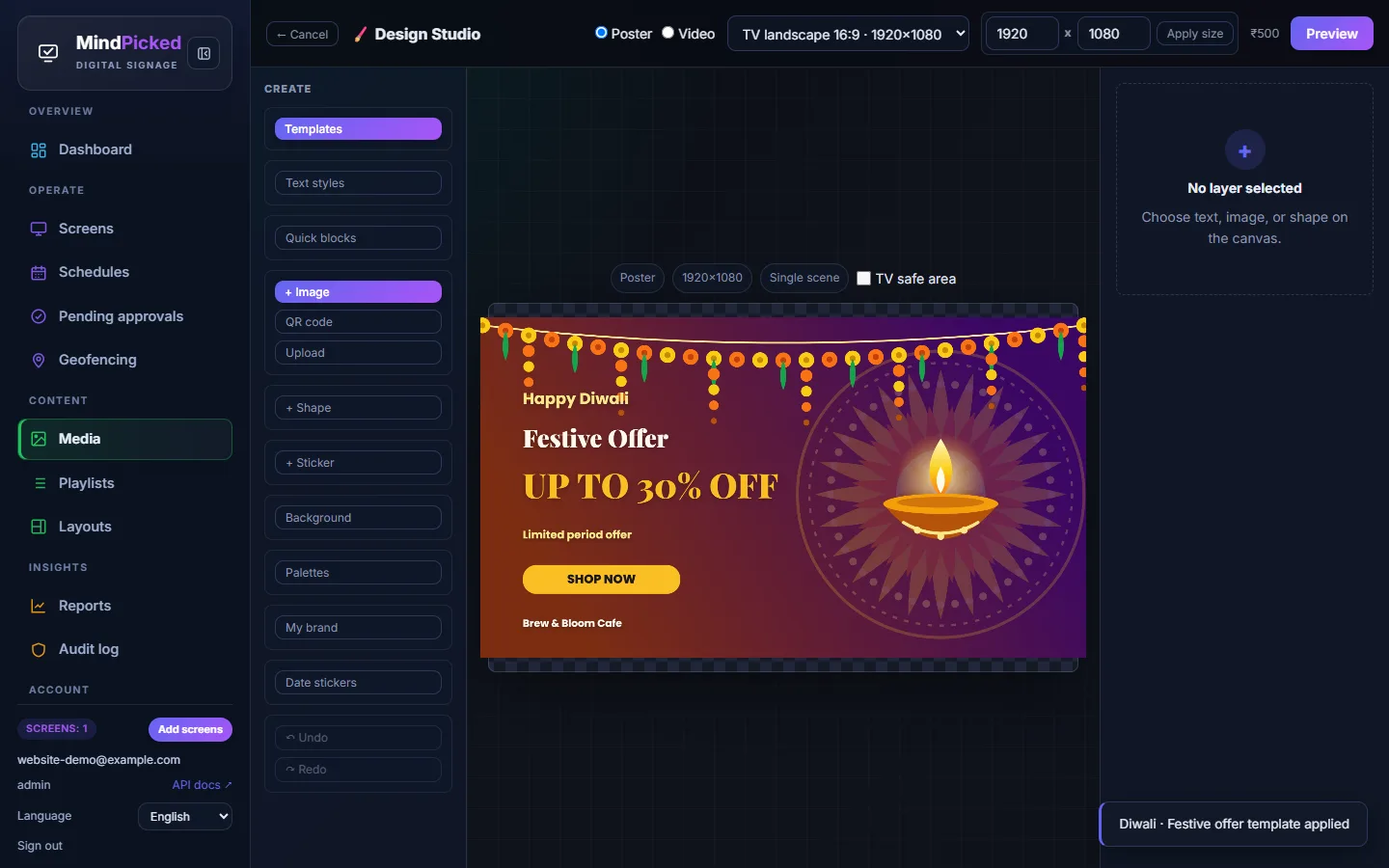 Design Studio editor with a Diwali festive offer poster reading Up to 30% off for Brew & Bloom Cafe